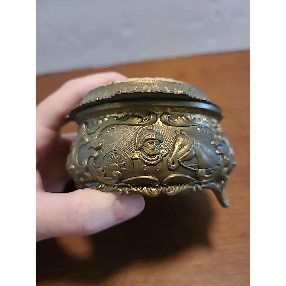 Vintage Sankyo Japan Jewelry Trinket Music Box Floral Cross Stitch Cushion Brass